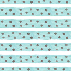 Watercolor mint stripes with brown polka dots. Simple striped seamless pattern for your design