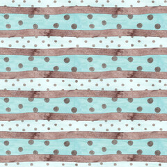 Multicolored pattern with brown stripes, dashes and polka dots. Watercolor background for your design