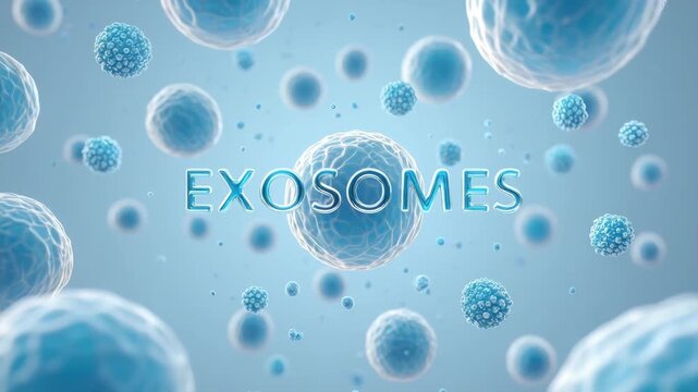Exosome particles on a blue background, microscopic view, cell biology, extracellular vesicles, biotechnology research, molecular science, therapeutic development, regenerative medicine