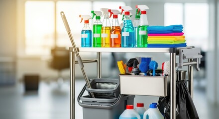 A cleaning cart stocked with colorful supplies ready for effective sanitation.