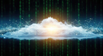 A digital cloud with glowing particles and binary code background, symbolizing data.