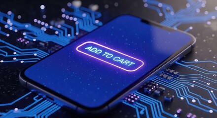 A smartphone displaying an 'Add to Cart' button on a digital circuit background.