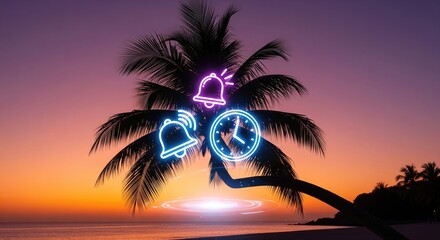A vibrant sunset over a palm tree, featuring neon icons of bells and a clock.