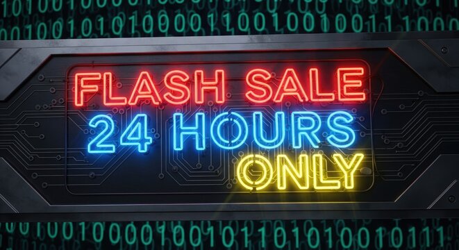 Bright neon sign announcing a limited-time flash sale for 24 hours only.
