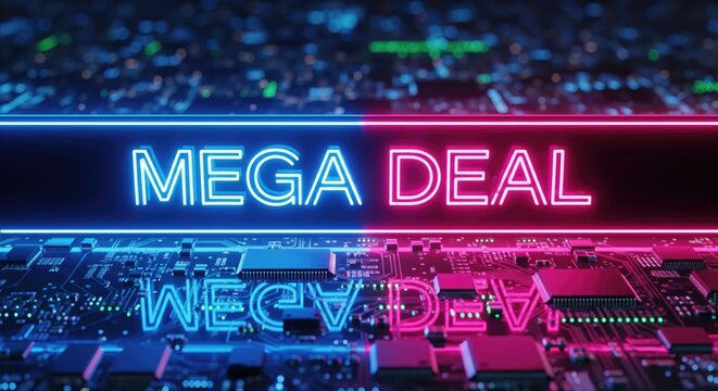 Illuminated sign for a mega deal over a digital circuit background.