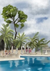 Tropical beach with palm trees and a swimming pool in the background