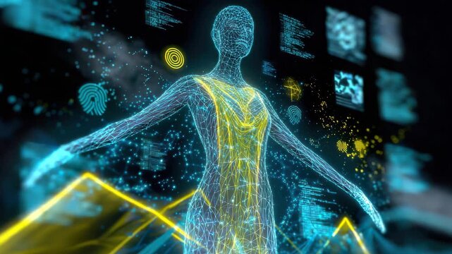 Post-human digital identity visualization with biometric and code overlays