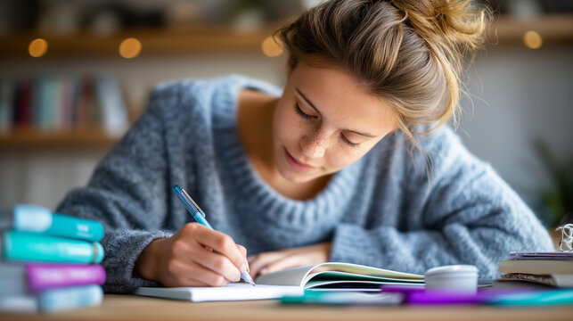 Over-the-shoulder of a student with dyslexia using immersive reader mode to annotate notes, tidy desk, pastel stationery, quiet morning glow, learning focus, dyslexia, study, acces