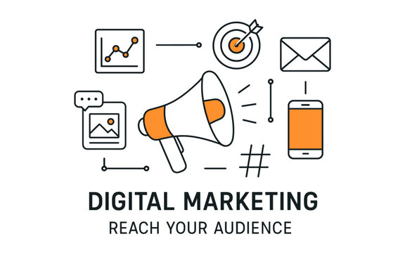 Digital marketing strategy elements with megaphone and icons