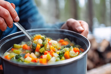 Close-up of hands stirring soup in metal pot over portable stove
