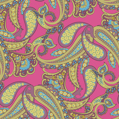 Turkish Cucumber Paisley. Seamless vector pattern in traditional oriental style with flowers, leaves and fantasy elements. Fabric and wallpaper cover