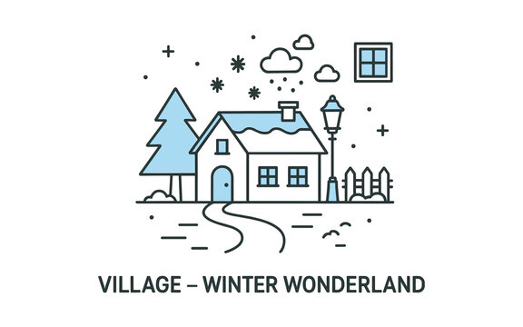 Charming winter wonderland village scene with snowy cottage and trees