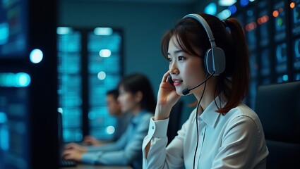 Asian Woman with Headphones in a Control Room