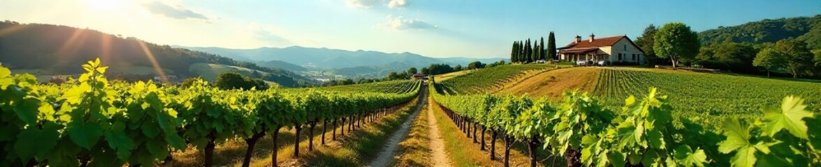 Sun-Drenched Vineyard Rows and Picturesque Winery in Rolling Hills, Idyllic Landscape Photography