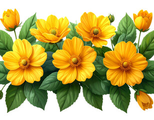 Fototapeta premium Horizontal Border of Bright Yellow Flowers with Green Leaves, Front View, Isolated PN