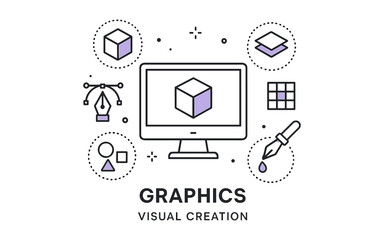 Creative design tools on display around computer monitor in linear style
