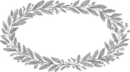 Obraz premium Elegant hand-drawn oval botanical frame with intricate leafy wreath border, vintage sketch illustration of delicate branches and berries.