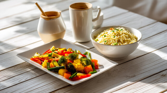 Colorful vegetable stir-fry with a side of couscous and warm beverages on a bright wooden table