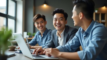 Asian Businessmen Collaborating over Laptops and Coffee