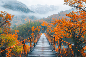 Scenic autumn view of a wooden suspension bridge in a misty mountain forest
