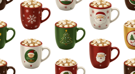 Festive Christmas mugs filled with creamy hot chocolate and marshmallows, perfect for holiday cheer and cozy winter vibes, ready for seasonal campaigns