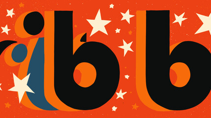 Vibrant retro graphic design featuring repeating stylized letter 'b' typography with orange and blue shadows on a starry background, playful decorative pattern.