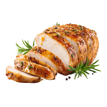 Sliced roasted chicken breast with herbs and glaze isolated on a black background close up shot