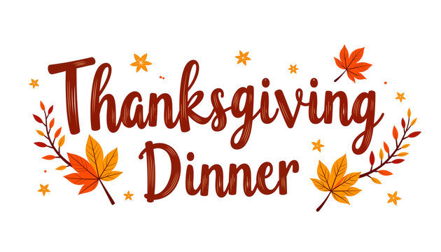 Invitational script for Thanksgiving Dinner, warm autumnal palette, centerpiece for holiday greetings, against transparent background