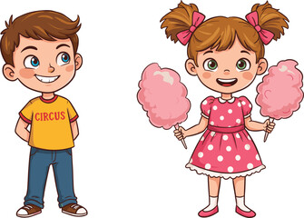 Cartoon boy and girl at circus, holding cotton candy, festive outfits, playful moment, celebration theme, animation, youth, colorful, fun, joy