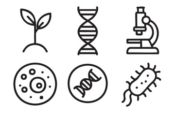 Black outline icons of a plant sprout, dna double helix, microscope, cell structure, circular dna, and bacterium, illustrating basic biology concepts.