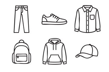 Black outline icon set of casual clothing items including pants, athletic shoes, long-sleeve shirt, backpack, hoodie, and cap.