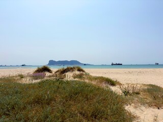 view of the beach and dunes at the Bay of Gibraltar near Algeciras with a view towards Gibraltar, Dunas del Rincocillo, Playa de El Rinconcillo, Bay of Algeciras, Andalusia, Spain