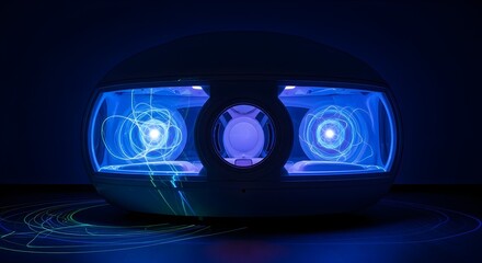 Futuristic glowing blue light module projecting intricate energy patterns, an advanced minimalist technological device for sensory display or experimental research