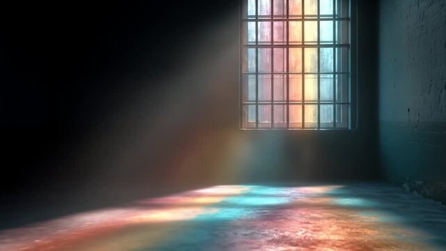 A dim, empty room with light through a barred window creating colored shadows