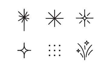 Obraz premium Six black outline vector icons of various star and sparkle shapes, each with unique linear designs, suitable for decorative and celebratory themes.