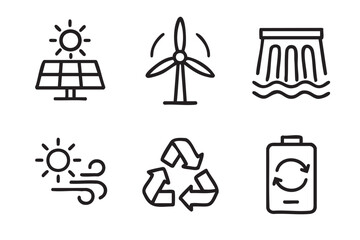 Black outline icons of renewable energy sources including solar panels, wind turbine, hydroelectric dam, solar wind, recycling symbol, and battery with recycling sign.
