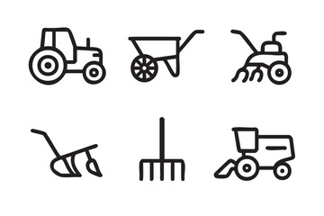 Black outline vector icons of farm equipment including a tractor, wheelbarrow, cultivator, plow, rake, and combine harvester.