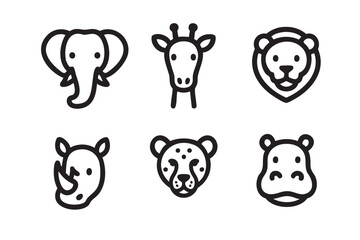 Naklejka premium Set of six black outline icons depicting different wild animals, including an elephant, giraffe, lion, rhinoceros, cheetah, and hippopotamus.
