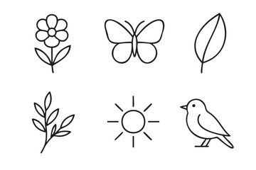 Black outline vector icons depicting a flower, butterfly, leaf, branch, sun, and bird, ideal for nature and environment themes.