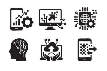 Series of six black icons showcasing technology concepts including mobile analytics, computer networking, global connectivity, digital head, cloud computing, and smartphone data transfer.