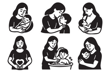 Black outline illustrations of mothers performing various nurturing activities with their children, including hugging, bathing, and holding an infant.