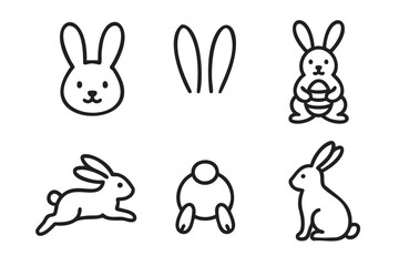 Fototapeta premium Set of six black outline icons of rabbits in various poses, including head, ears, holding an egg, running, back view, and sitting.