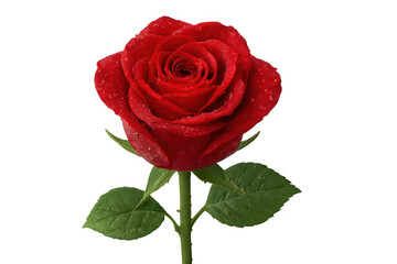 Fototapeta premium Red rose blooming, showing fresh petals with dew drops, symbolizing love, passion, and romance on transparent background