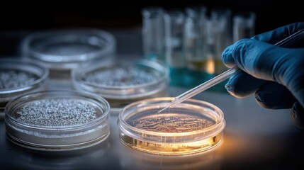 Laboratory Scientist Conducts Experiment With Petri Dish and Pipette in Modern Research Facility