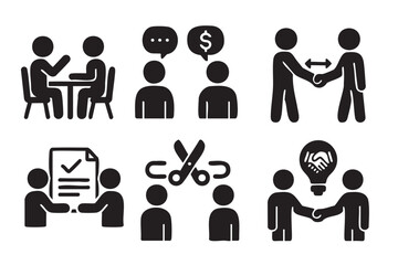 Black silhouette icons depicting business interactions including meetings, negotiations, contract signing, partnership, conflict resolution, and collaboration.