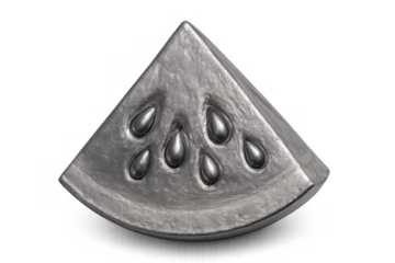 Watermelon slice made of shiny silver metal, becoming a surreal abstract sculpture with seeds, transparent background