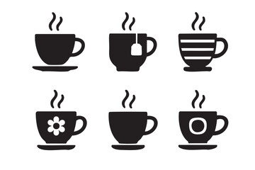 Obraz premium Six black silhouette icons of steaming coffee cups, each with a unique design, arranged in two rows on a plain background.