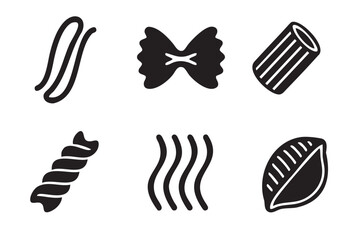Fototapeta premium Six black outline icons of various pasta shapes, including fusilli, farfalle, rigatoni, and conchiglie, arranged in two rows on a white background.