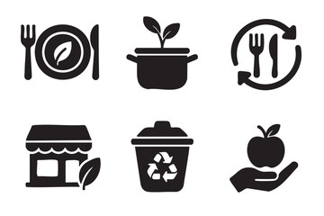 Black silhouette icons representing eco-friendly dining, sustainable planting, reusable cutlery, a storefront, recycling, and healthy eating concepts.