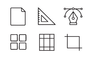 Black outline icons of document, triangular ruler, pen tool, grid, and crop tool arranged in two rows for graphic design concepts.